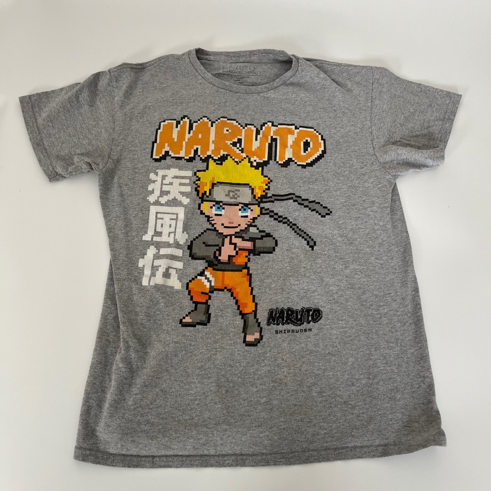 Naruto Shippuden Pixel Art 8-Bit Graphic Tee Gray Mens Medium Anime T-Shirt